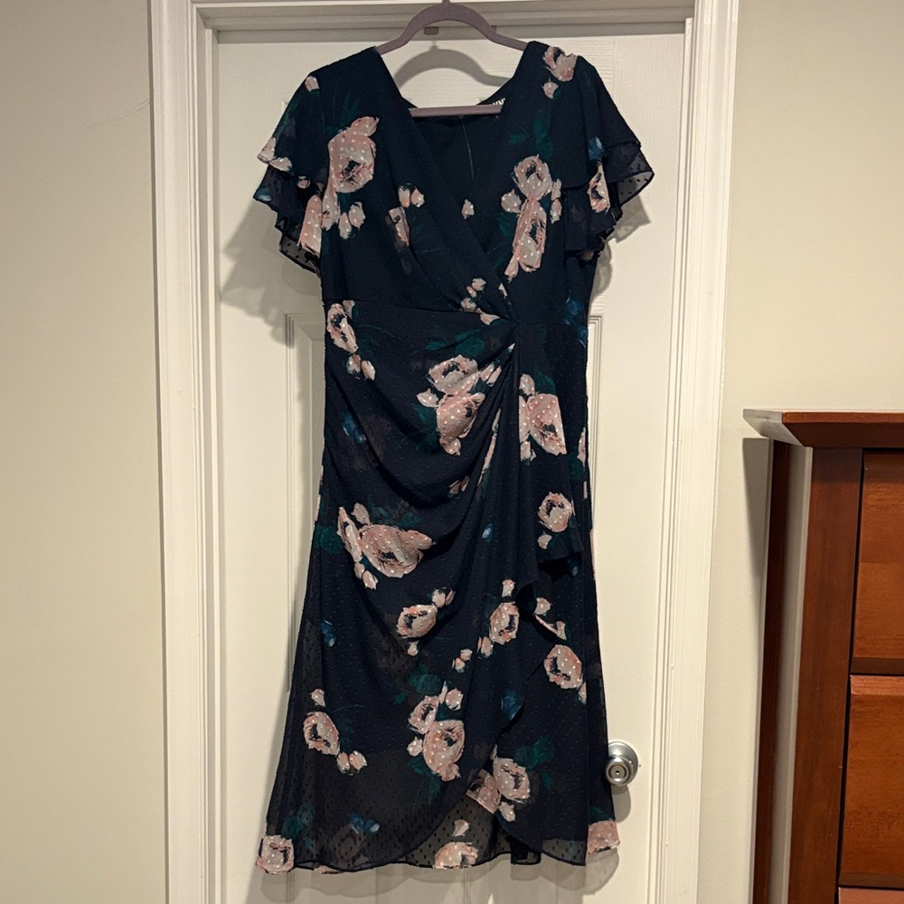 DKNY Navy and Pink Floral Midi Dress